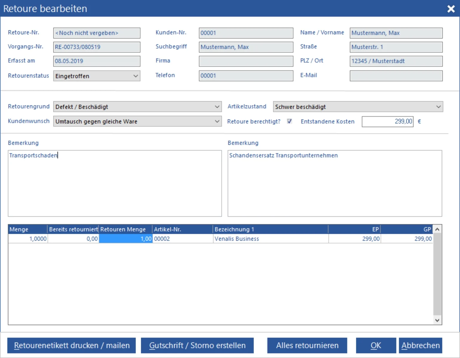 Retourenmanagement in Venalis 9