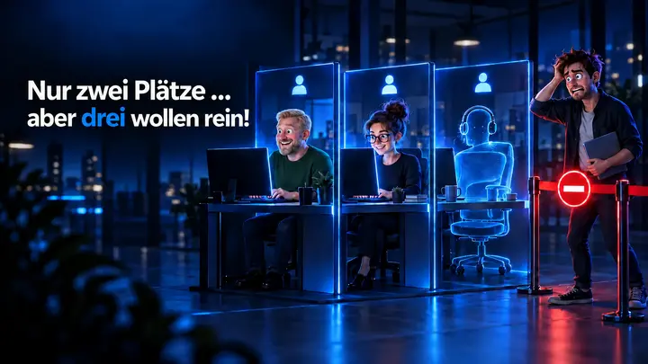 Zwei angemeldete Mitarbeiter, ein durch eine alte Anmeldung blockierter Arbeitsplatz und ein Mitarbeiter vor einer Zugangssperre