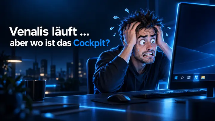 Verzweifelter Anwender vor einem Monitor, während das Venalis-Cockpit nicht sichtbar ist