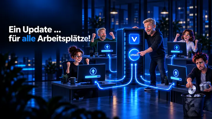 Ein Administrator aktualisiert über einen zentralen Venalis-Server gleichzeitig vier Arbeitsplätze