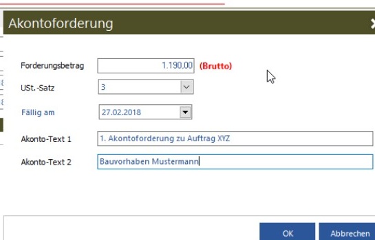 Ausgefüllter Dialog Akontoforderung