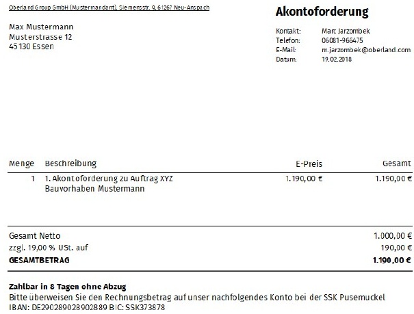Beispiel einer gedruckten Akontoforderung
