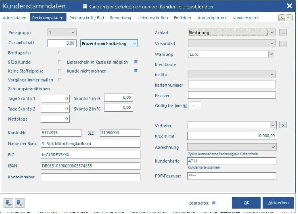 Venalis Screenshot – 2.3.2 Rechnungsdaten