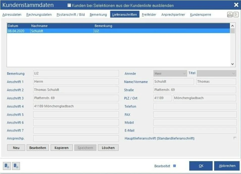 Venalis Screenshot – 2.3.5 Lieferanschriften