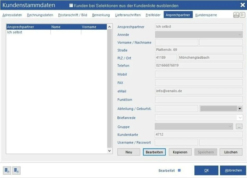 Venalis Screenshot – 2.3.7 Ansprechpartner