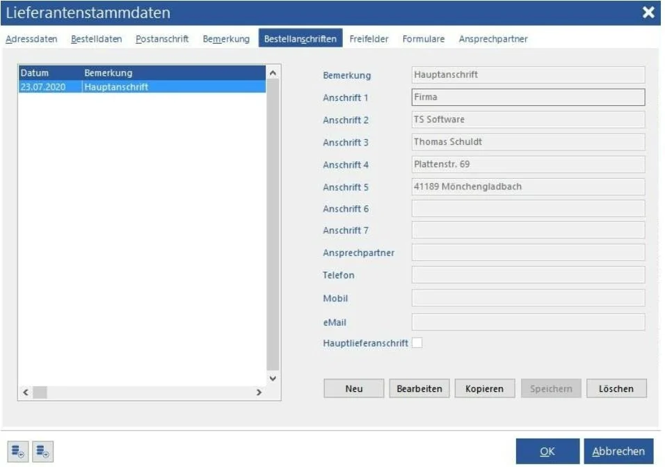 Venalis Screenshot – 2.4.5 Bestellanschriften