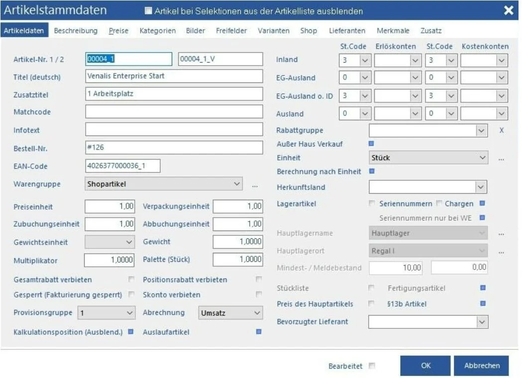 Venalis Screenshot – 2.1.1 Artikelstammdaten