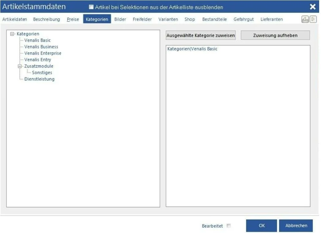 Venalis Screenshot – 2.1.4 Kategorien