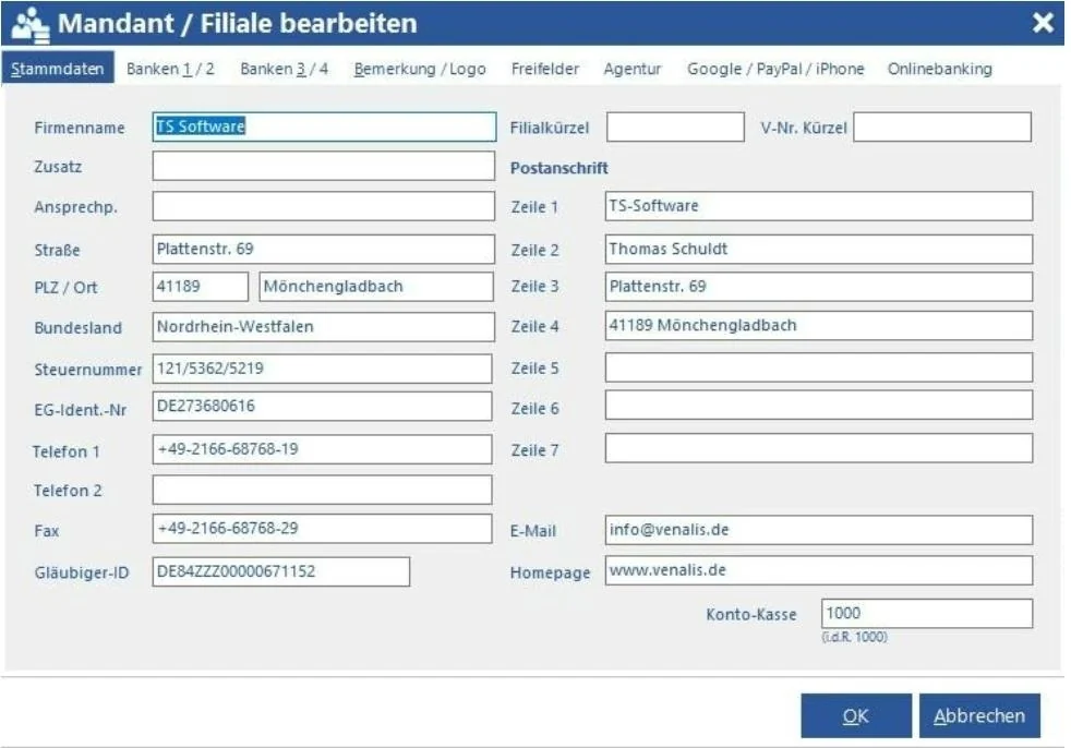 Venalis Screenshot – 2.2.1 Stammdaten