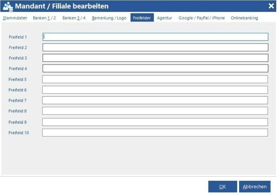 Venalis Screenshot – Freifelder der Firmendaten