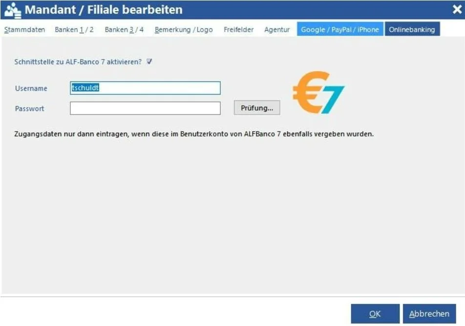 Venalis Screenshot – ALF-Banco Onlinebanking Einstellungen