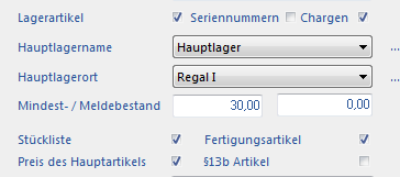 Artikeleinstellungen eines Produktionsartikels
