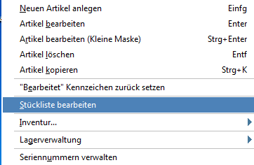 Menüpunkt Stückliste bearbeiten in Venalis