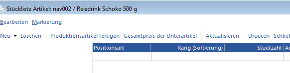 Leere Stückliste eines Produktionsartikels