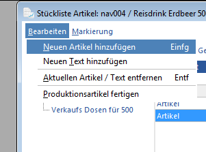 Unterartikel zur Stückliste hinzufügen
