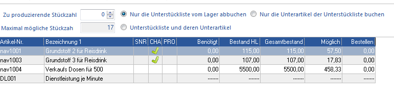 Produktionsdialog mit Bestandsanalyse