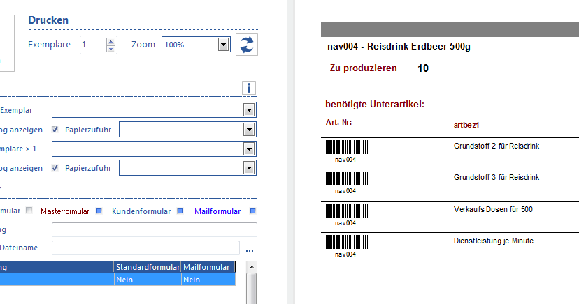 Druckvorschau eines Produktionsauftrags
