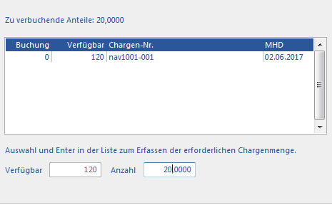 Charge eines Unterartikels auswählen