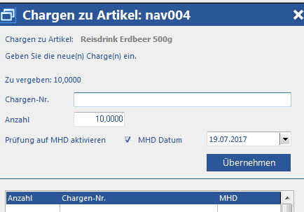 Neue Charge für den Produktionsartikel erfassen