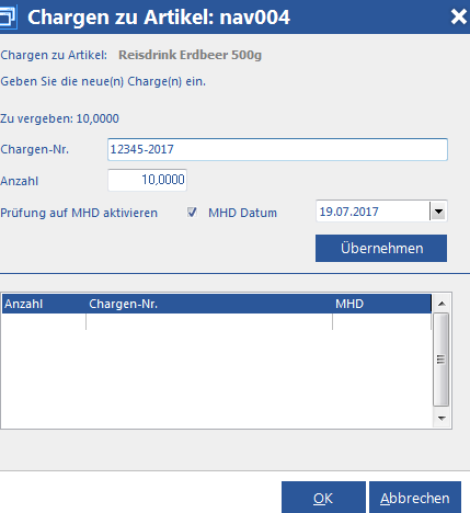 Ausgefüllte Charge des Produktionsartikels